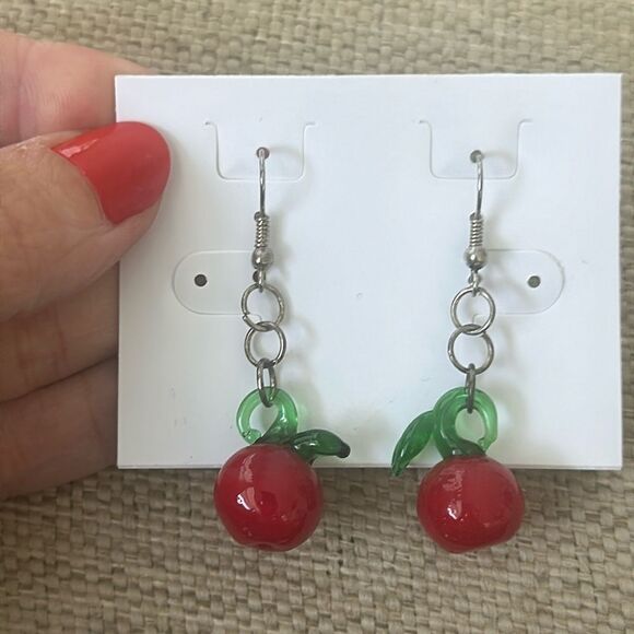 Handblown Glass Cherry Earrings - Picture 1 of 5